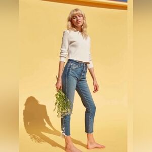 Amo Babe Lace Up Cropped High Rise Straight Leg In Love Note Blue Jeans